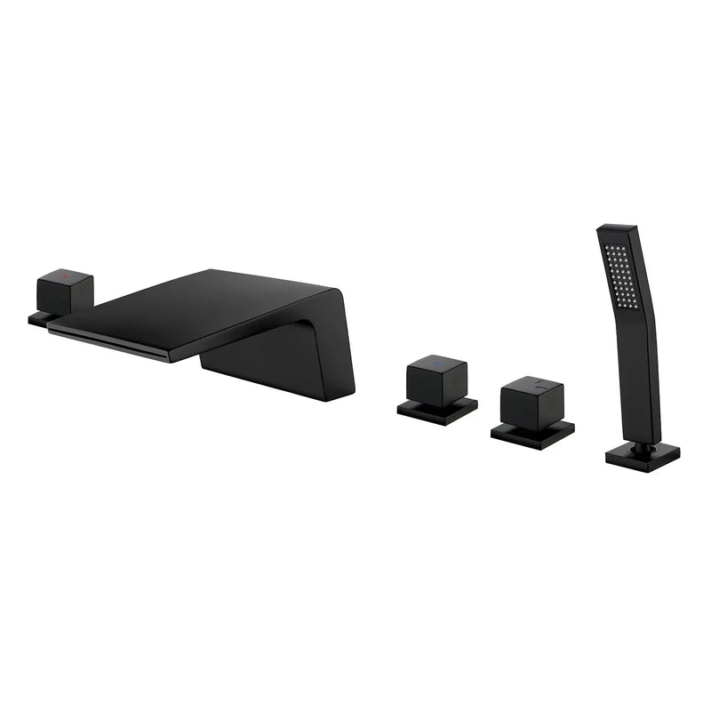 2-Handle Widespread Bath Tub Mixer Deck Mouted 5-Piece Roman Waterfall Tub Filler with Pull-Out Handheld Shower 3-handle-widespread-bath-tub-mixer-deck-mouted-5-piece-roman-waterfall-tub-filler-with-handheld-shower Matte Black / Brass & SUS304 / 17.5*13.4*5.5 inches