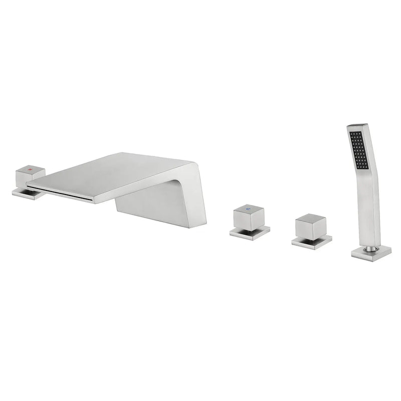 2-Handle Widespread Bath Tub Mixer Deck Mouted 5-Piece Roman Waterfall Tub Filler with Pull-Out Handheld Shower 3-handle-widespread-bath-tub-mixer-deck-mouted-5-piece-roman-waterfall-tub-filler-with-handheld-shower Brushed Nickel / Brass & SUS304 / 17.5*13.4*5.5 inches