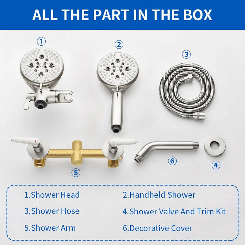 2-Head Shower Trim Kit with 5-Setting Handheld Sprayer and Cross Handle in Matte Black | Brushed Nickel | Brushed Gold 2-head-shower-trim-kit-with-5-setting-handheld-sprayer-and-cross-handle-in-matte-black-brushed-nickel-brushed-gold 