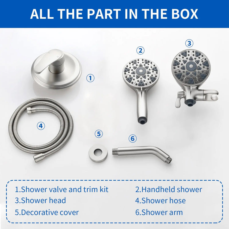 2-In-1 Rain Shower Heads System Single-Handle 6 Modes Shower Trim Kit with Dual Shower Head 4.7 Inch in Matte Black, Brushed Nickel, Brushed Gold 2-in-1-rain-shower-heads-system-single-handle-6-modes-shower-trim-kit-with-dual-shower-head-4-7-inch-in-matte-black-brushed-nickel-brushed-gold 