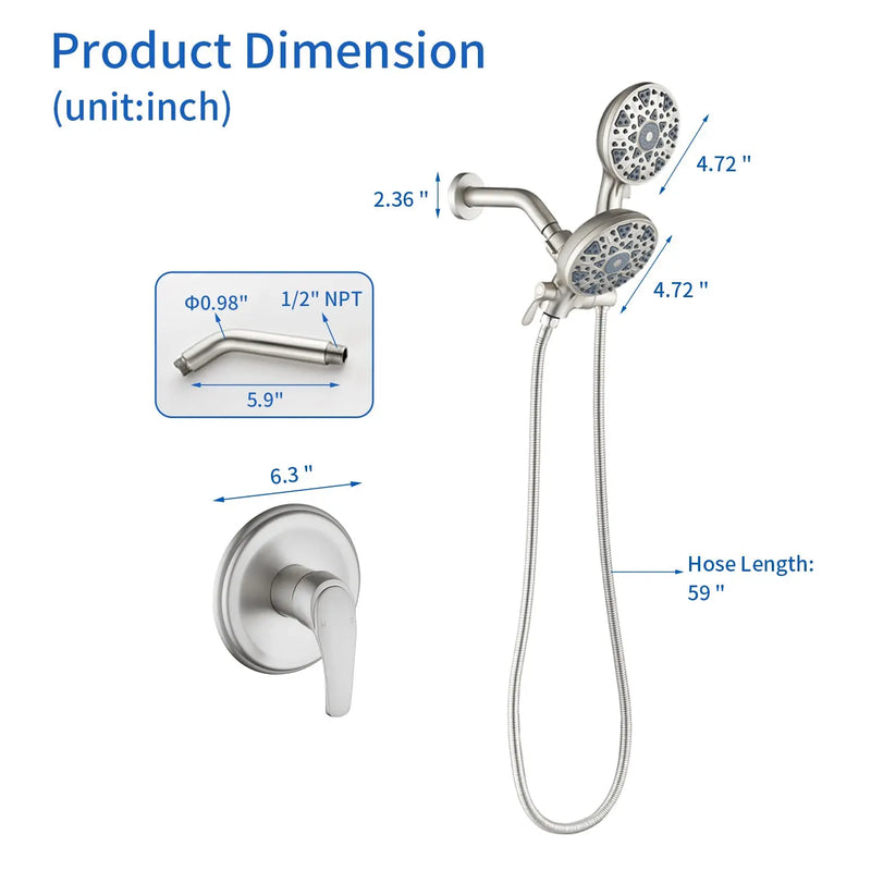 2-In-1 Rain Shower Heads System Single-Handle 6 Modes Shower Trim Kit with Dual Shower Head 4.7 Inch in Matte Black, Brushed Nickel, Brushed Gold 2-in-1-rain-shower-heads-system-single-handle-6-modes-shower-trim-kit-with-dual-shower-head-4-7-inch-in-matte-black-brushed-nickel-brushed-gold 