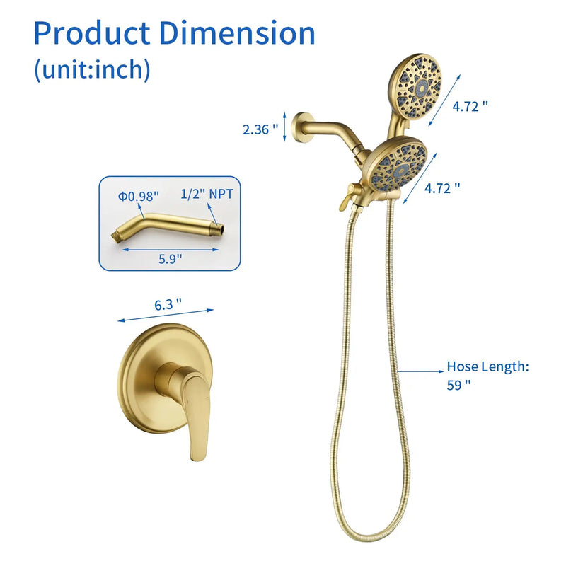 2-In-1 Rain Shower Heads System Single-Handle 6 Modes Shower Trim Kit with Dual Shower Head 4.7 Inch in Matte Black, Brushed Nickel, Brushed Gold 2-in-1-rain-shower-heads-system-single-handle-6-modes-shower-trim-kit-with-dual-shower-head-4-7-inch-in-matte-black-brushed-nickel-brushed-gold 