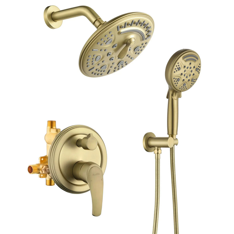 2-Way Shower Faucet Set 8 Inch ABS 6-Setting Head Shower System with 9-Spray Round Hand Shower 2-way-8-inch-abs-6-setting-head-shower-system-with-9-functions-hand-shower Brushed Gold / Brass & SUS304 & ABS / 17.7*12.6*5.7 inches