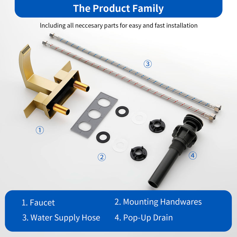 4-Inch Centerset Vanity Faucet 2-Handle Waterfall Bathroom Faucet with Pop Up Drain and Water Supply Lines