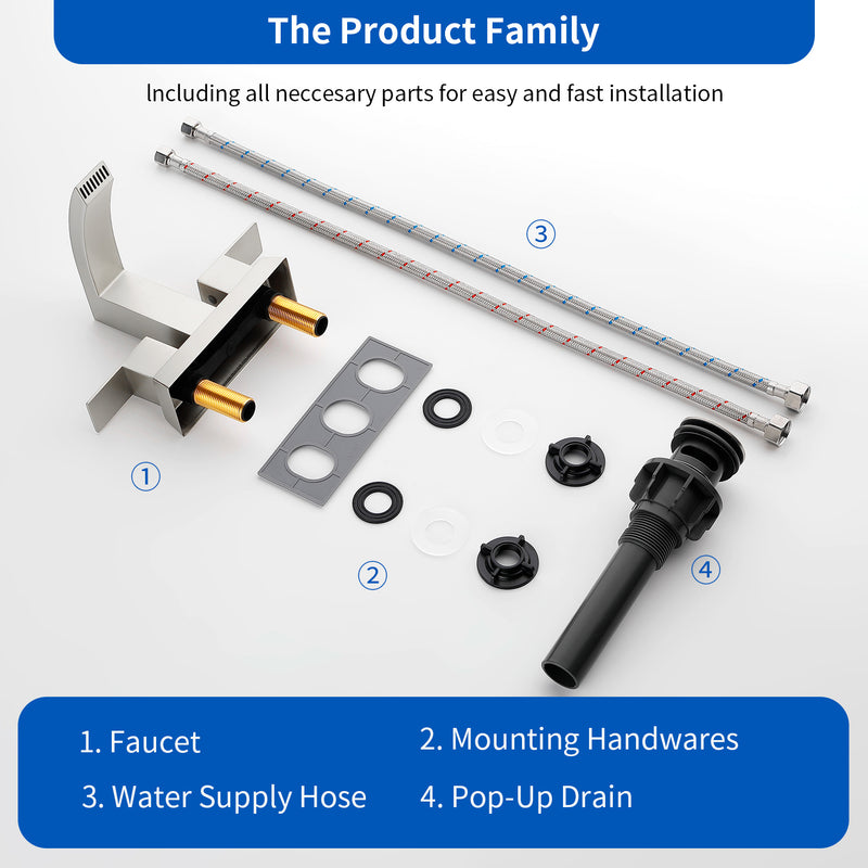 4-Inch Centerset Vanity Faucet 2-Handle Waterfall Bathroom Faucet with Pop Up Drain and Water Supply Lines