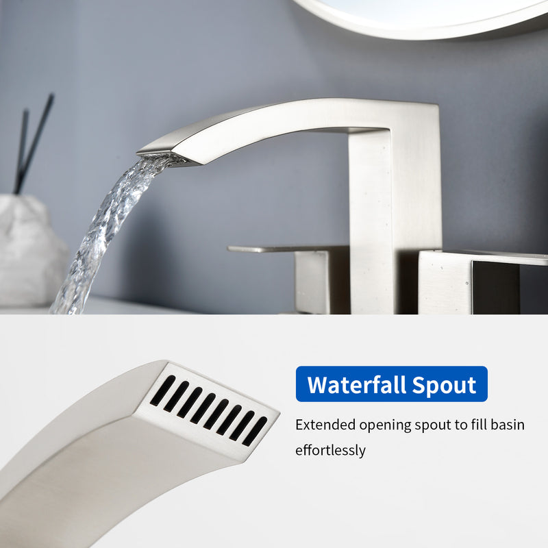 4-Inch Centerset Vanity Faucet 2-Handle Waterfall Bathroom Faucet with Pop Up Drain and Water Supply Lines