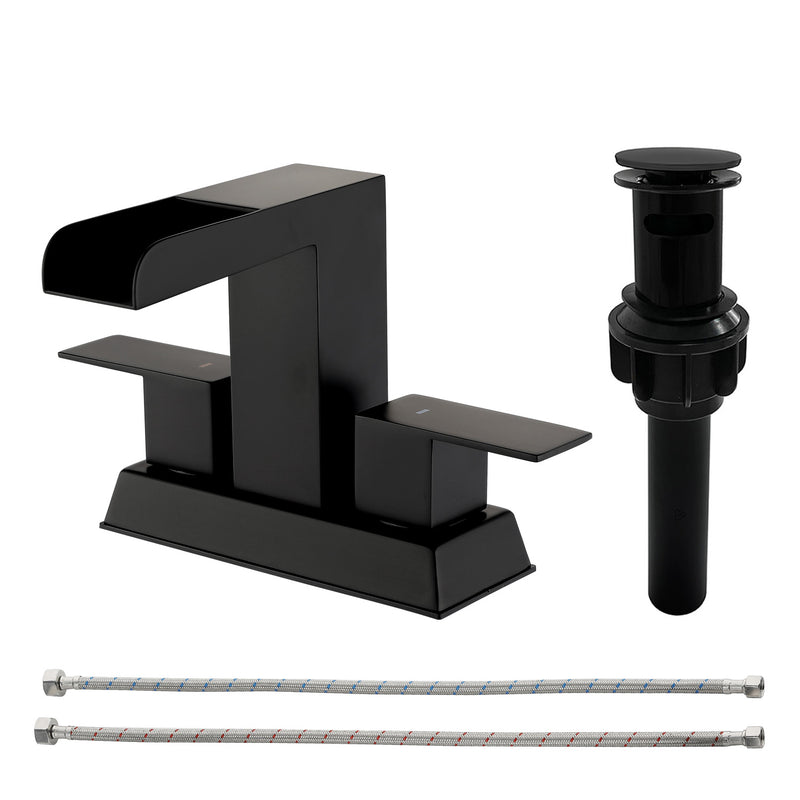 4 Inch Centerset Double Handles Deck Mount Waterfall Lavatory Faucet Mixer Tap with Pop up Drain