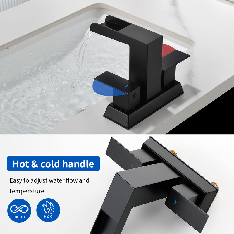 4 Inch Centerset Double Handles Deck Mount Waterfall Lavatory Faucet Mixer Tap with Pop up Drain