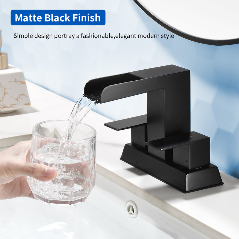 4 Inch Centerset Double Handles Deck Mount Waterfall Lavatory Faucet Mixer Tap with Pop up Drain