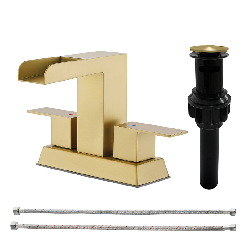 4 Inch Centerset Double Handles Deck Mount Waterfall Lavatory Faucet Mixer Tap with Pop up Drain