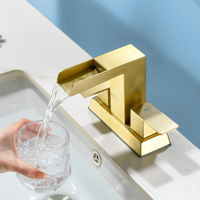 4 Inch Centerset Double Handles Deck Mount Waterfall Lavatory Faucet Mixer Tap with Pop up Drain