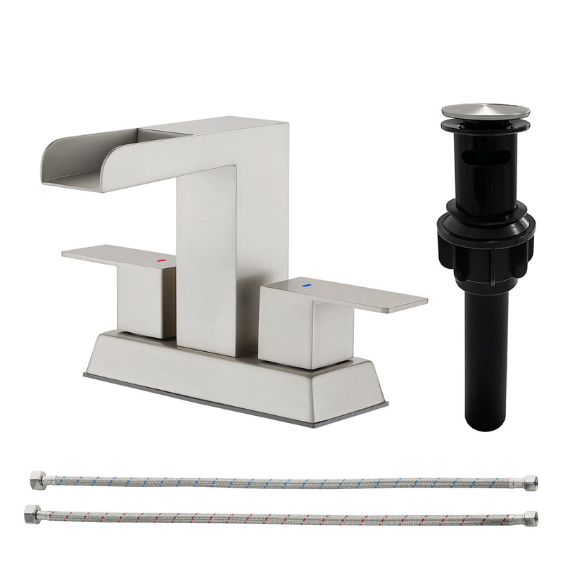4 Inch Centerset Double Handles Deck Mount Waterfall Lavatory Faucet Mixer Tap with Pop up Drain
