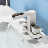4 Inch Centerset Double Handles Deck Mount Waterfall Lavatory Faucet Mixer Tap with Pop up Drain
