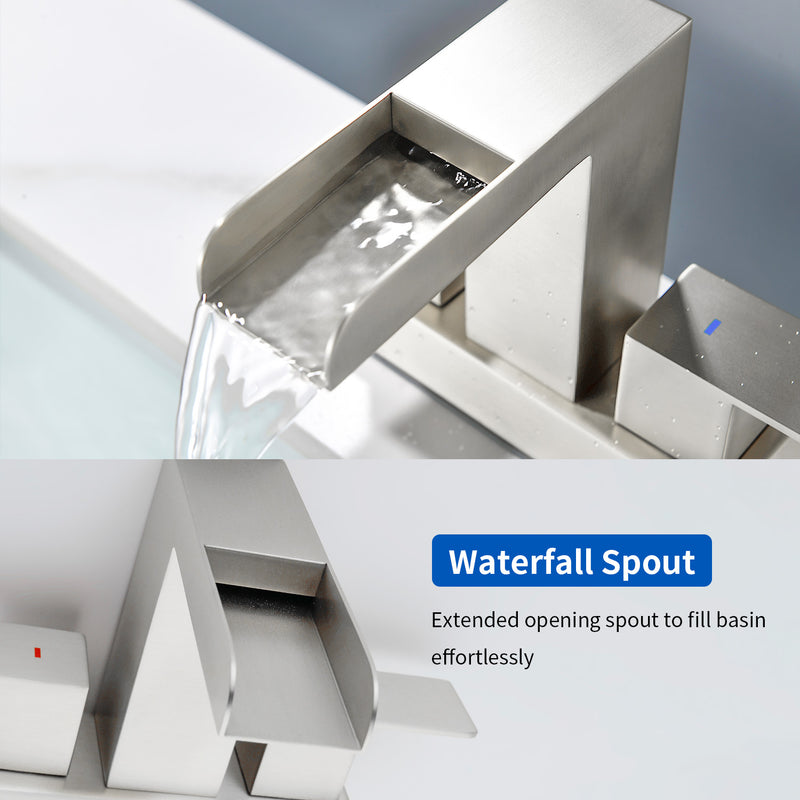 4 Inch Centerset Double Handles Deck Mount Waterfall Lavatory Faucet Mixer Tap with Pop up Drain