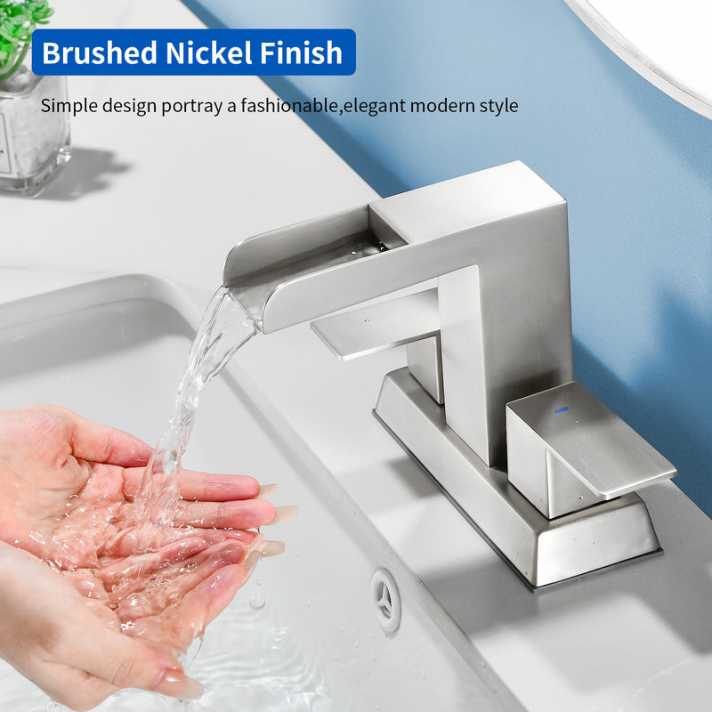 4 Inch Centerset Double Handles Deck Mount Waterfall Lavatory Faucet Mixer Tap with Pop up Drain