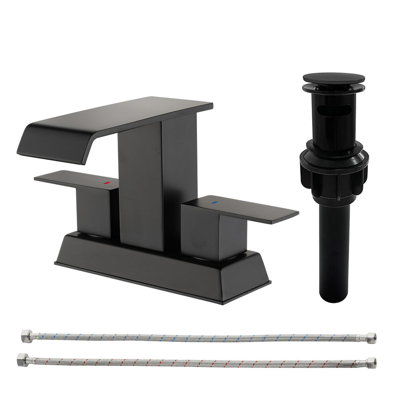 Waterfall Centerset Bathroom Sink Faucet 4 Inch 2 Handle Hot Cold Mixer Basin Faucet with Pop-Up Drain Stopper and Supply Lines