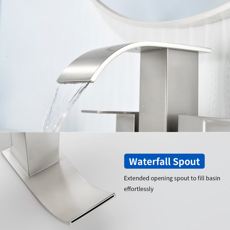 2 Handle Vanity Faucet Deck Mounted Waterfall 4 In. Centerset Double-Handle Bathroom Faucet 1.2GPM with Sink Drain Stopper