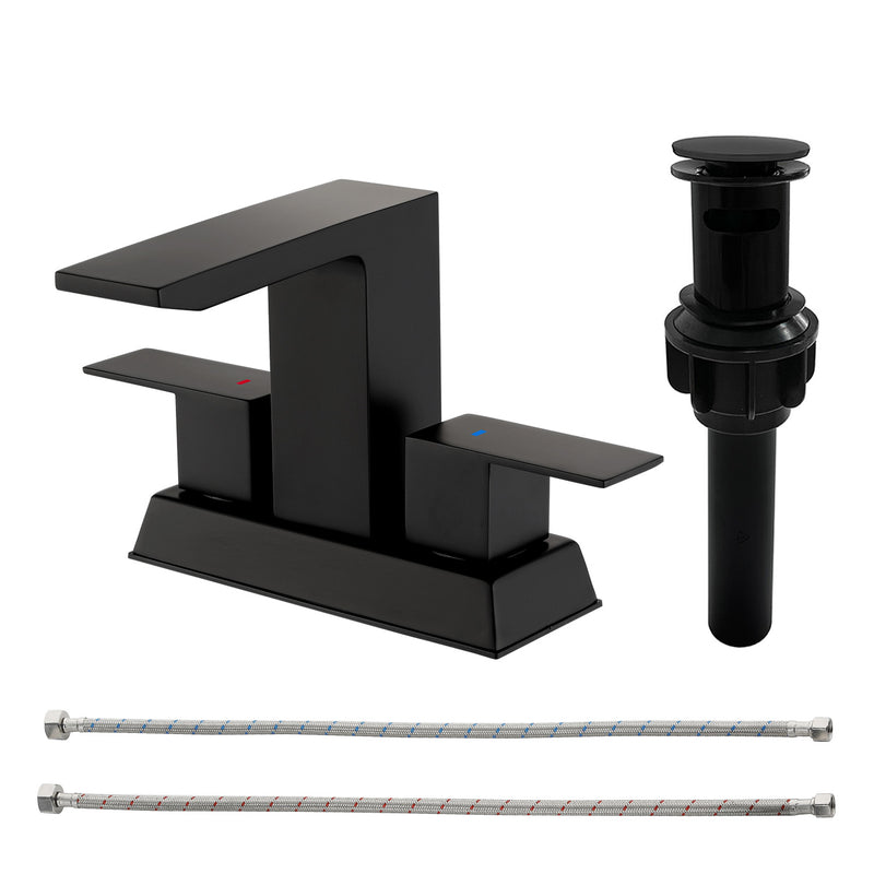 Centerset Bathroom Sink Faucet 1.2 GPM, Waterfall 4 Inch Bathroom Vanity Faucet for Basin with Pop-Up Drain and Hose