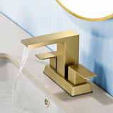 Centerset Bathroom Sink Faucet 1.2 GPM, Waterfall 4 Inch Bathroom Vanity Faucet for Basin with Pop-Up Drain and Hose