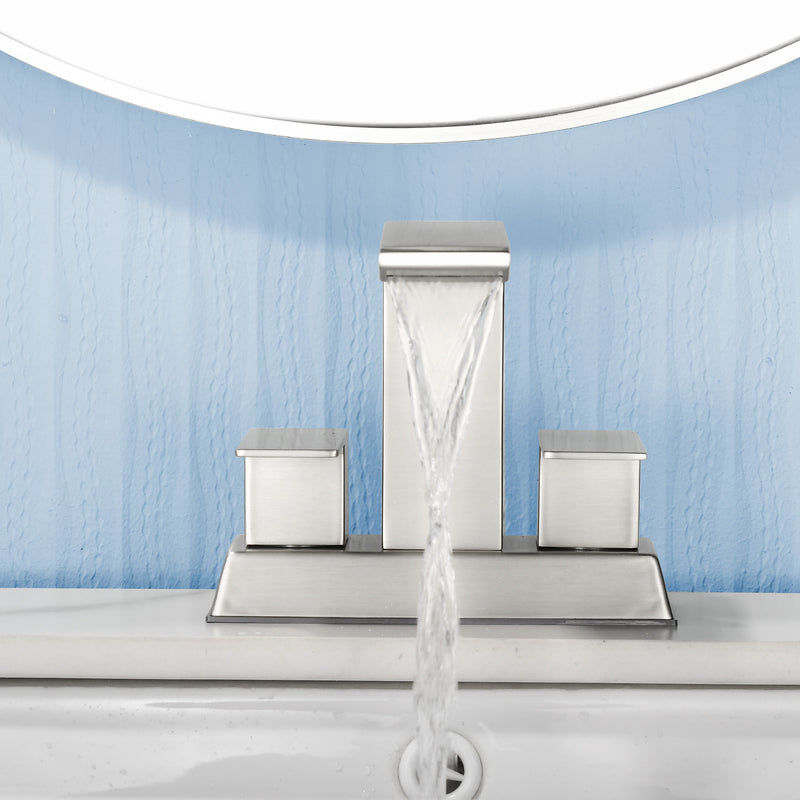 Centerset Bathroom Sink Faucet 1.2 GPM, Waterfall 4 Inch Bathroom Vanity Faucet for Basin with Pop-Up Drain and Hose