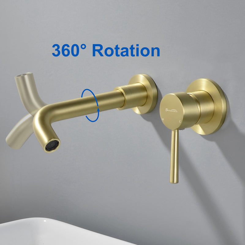 Wall Mount Lavatory Faucet Single Handle Brass Bathroom Sink Faucet 1.2 GPM in Matte Black, brushed gold