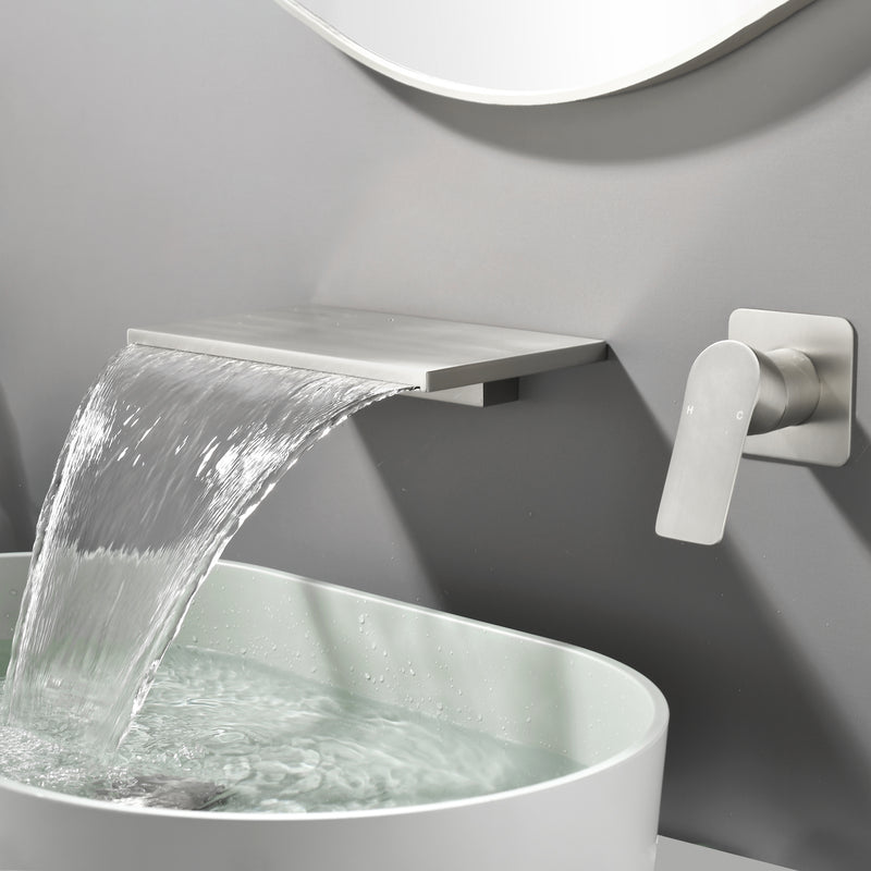 Wide Waterfall Faucet for Vessel Sinks Stainless Steel Single Lever Two Hole Wall Mounted Bathroom Faucet with Brass Connector