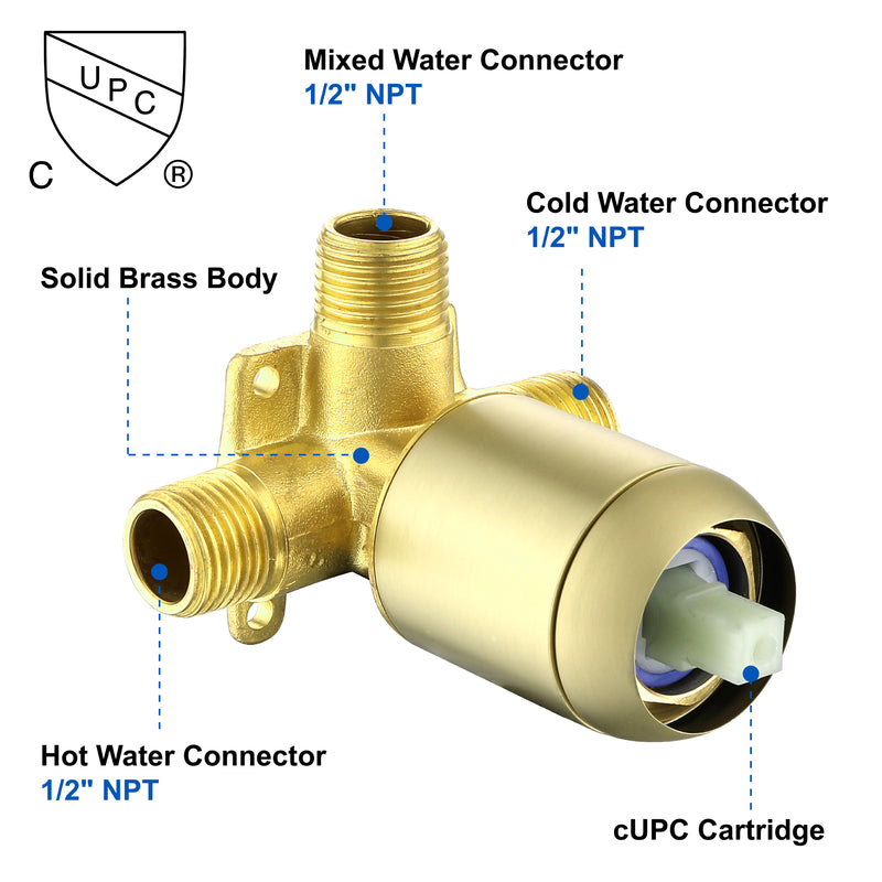 Single Function Square Shower Valve Faucet Diverter Control Single Handle Hot and Cold Water Mixer Shower Valve