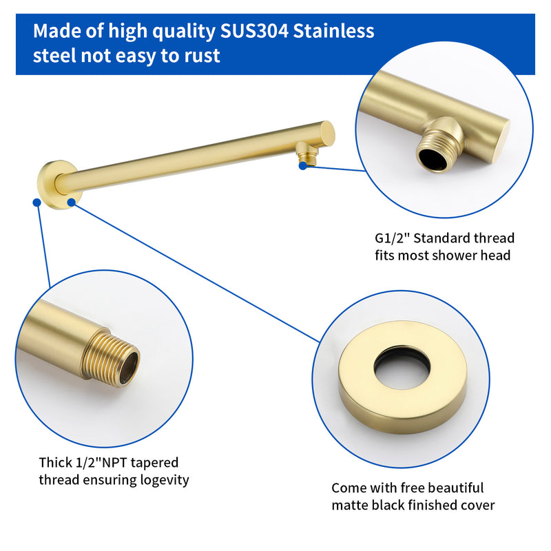 15.7-Inch In Wall Round Shower Arm 90 Degree with Flange in Matte Black | Brushed Nickel | Brushed Gold