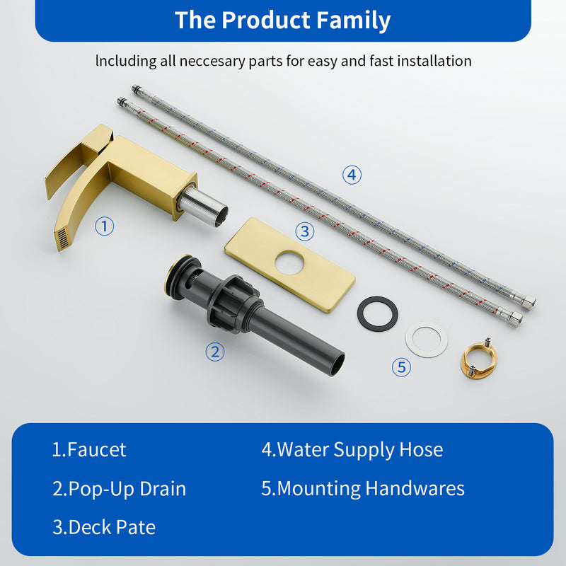 Waterfall Single Hole Bathroom Faucets with Pop-Up Drain Deck Mount Single-Handle Basin Mixer Faucet, 1.2GPM - Brushed Gold, Brushed Nickel, Matte Black