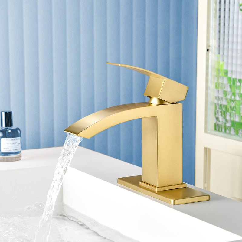 Waterfall Single Hole Bathroom Faucets with Pop-Up Drain Deck Mount Single-Handle Basin Mixer Faucet, 1.2GPM - Brushed Gold, Brushed Nickel, Matte Black