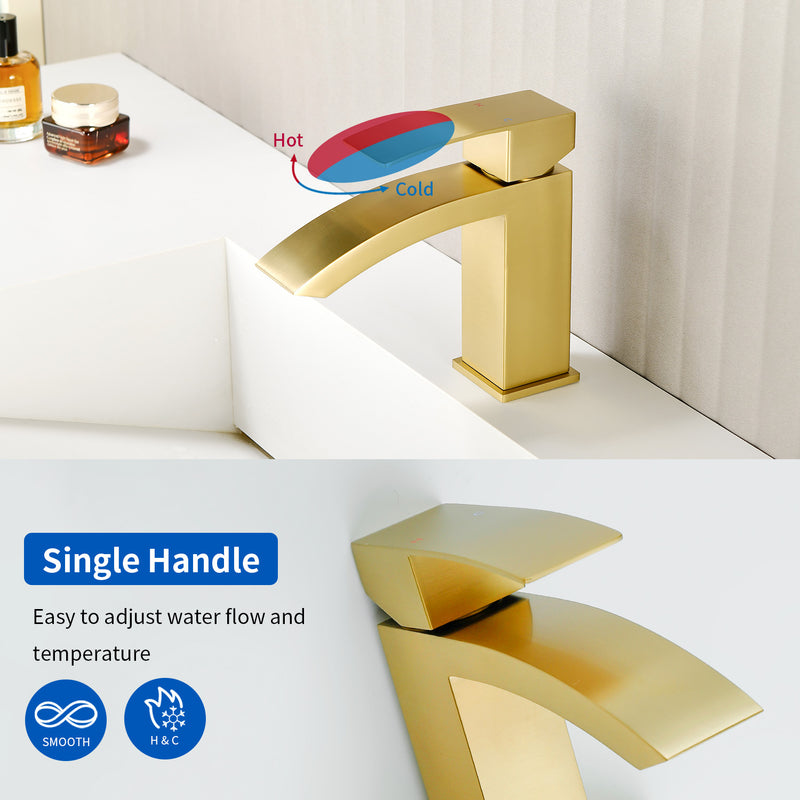 Waterfall Single Hole Bathroom Faucets with Pop-Up Drain Deck Mount Single-Handle Basin Mixer Faucet, 1.2GPM - Brushed Gold, Brushed Nickel, Matte Black