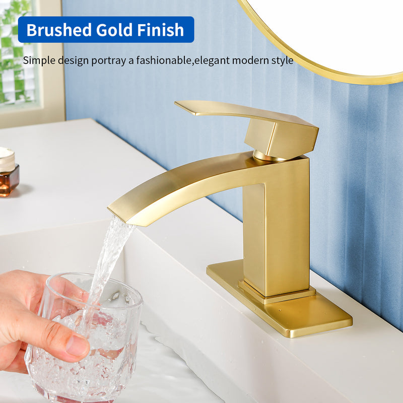 Waterfall Single Hole Bathroom Faucets with Pop-Up Drain Deck Mount Single-Handle Basin Mixer Faucet, 1.2GPM - Brushed Gold, Brushed Nickel, Matte Black