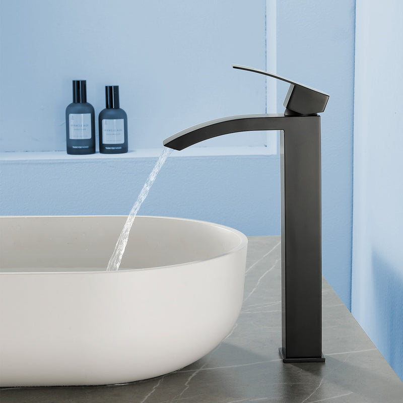 Waterfall Tall Bathroom Faucet Stainless Steel Single Handle Single Hole Vessel Sink Faucet with Drain Pop Up