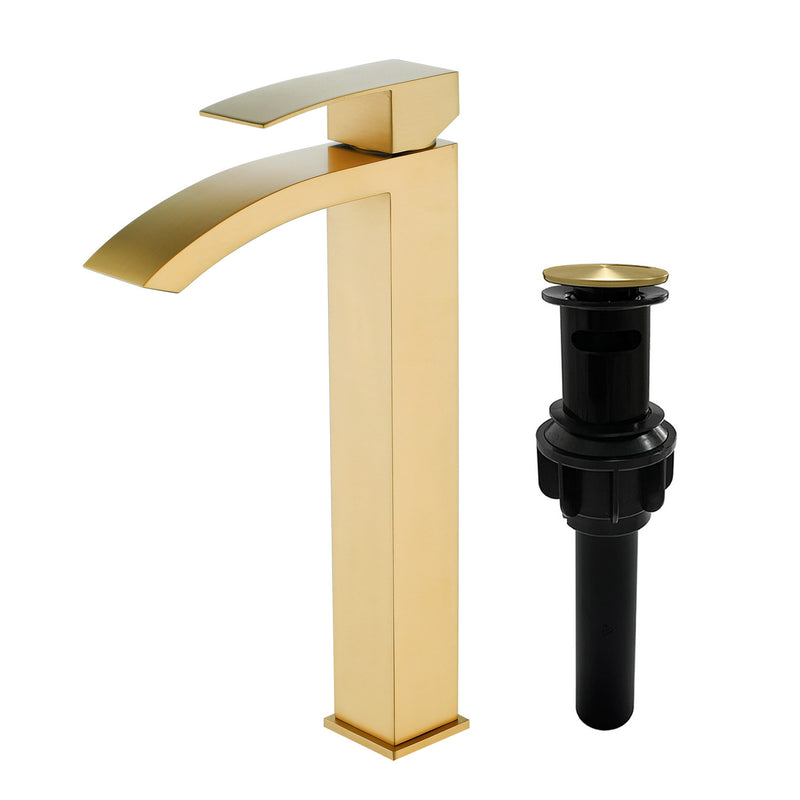 Waterfall Tall Bathroom Faucet Stainless Steel Single Handle Single Hole Vessel Sink Faucet with Drain Pop Up