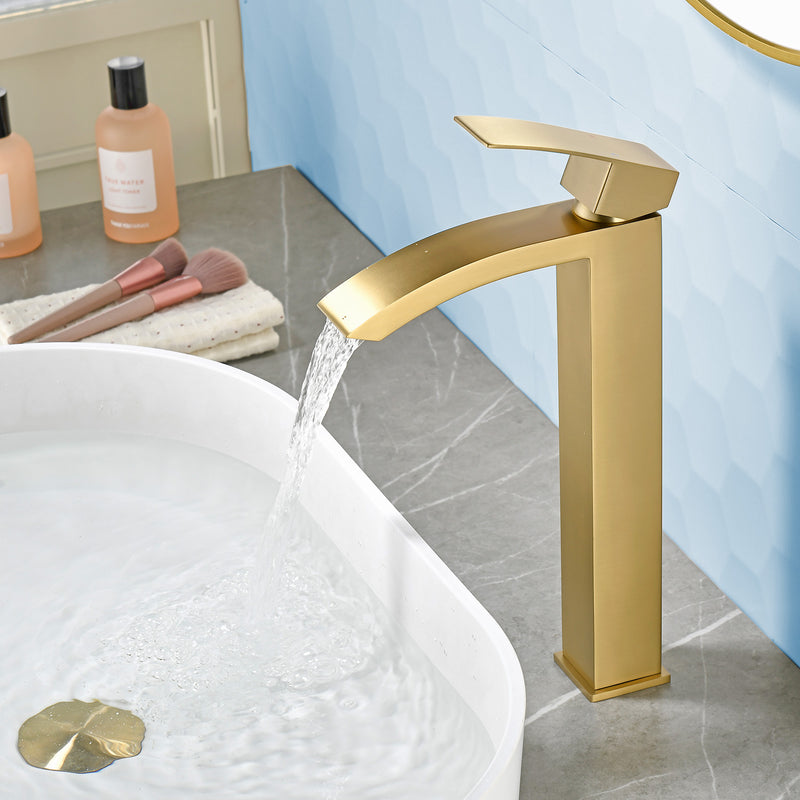 Waterfall Tall Bathroom Faucet Stainless Steel Single Handle Single Hole Vessel Sink Faucet with Drain Pop Up