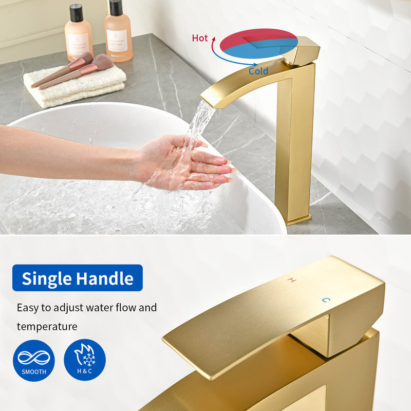 Waterfall Tall Bathroom Faucet Stainless Steel Single Handle Single Hole Vessel Sink Faucet with Drain Pop Up