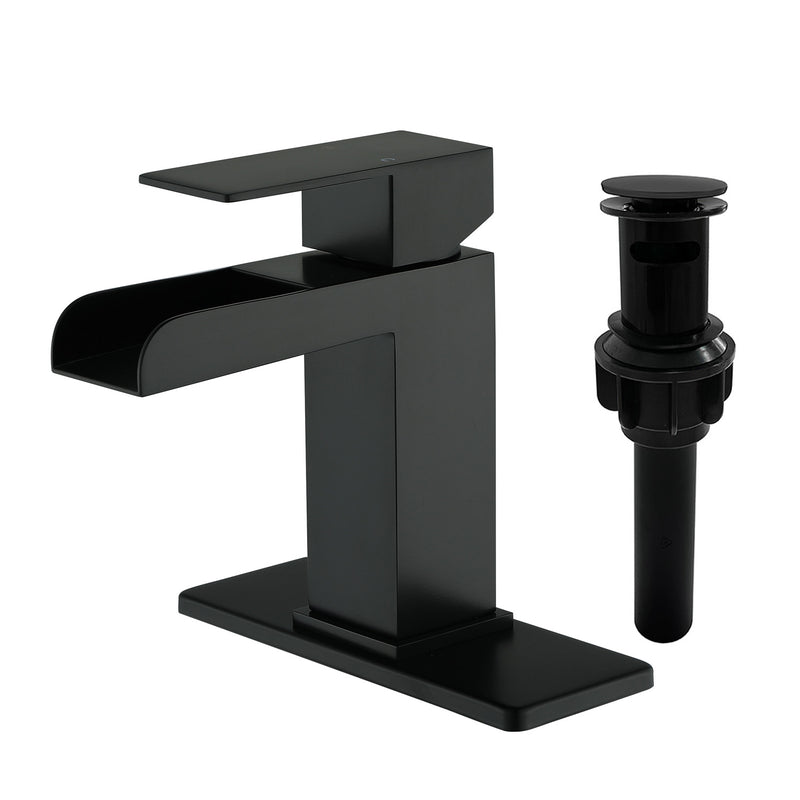 Single Handle Basin Mixer Tap Waterfall 1 Hole SUS304 Vanity Faucet for Bathroom Sink with Overflow Pop Up Drain Stopper