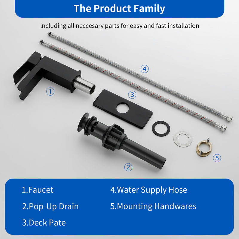 Single Handle Basin Mixer Tap Waterfall 1 Hole SUS304 Vanity Faucet for Bathroom Sink with Overflow Pop Up Drain Stopper
