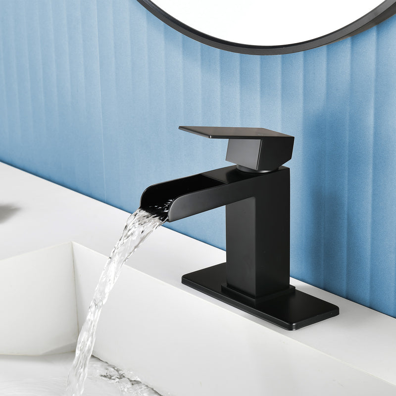 Single Handle Basin Mixer Tap Waterfall 1 Hole SUS304 Vanity Faucet for Bathroom Sink with Overflow Pop Up Drain Stopper