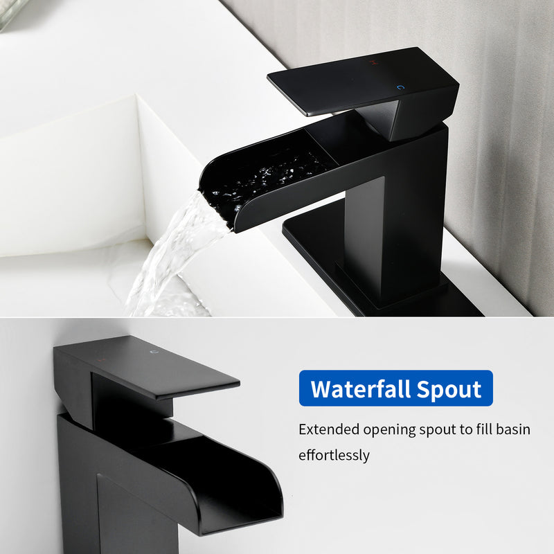 Single Handle Basin Mixer Tap Waterfall 1 Hole SUS304 Vanity Faucet for Bathroom Sink with Overflow Pop Up Drain Stopper