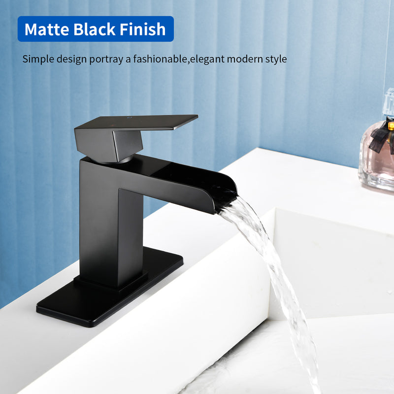 Single Handle Basin Mixer Tap Waterfall 1 Hole SUS304 Vanity Faucet for Bathroom Sink with Overflow Pop Up Drain Stopper