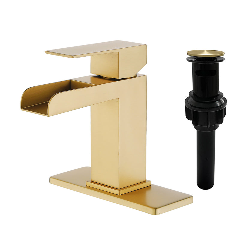 Single Handle Basin Mixer Tap Waterfall 1 Hole SUS304 Vanity Faucet for Bathroom Sink with Overflow Pop Up Drain Stopper