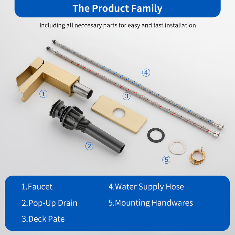 Single Handle Basin Mixer Tap Waterfall 1 Hole SUS304 Vanity Faucet for Bathroom Sink with Overflow Pop Up Drain Stopper