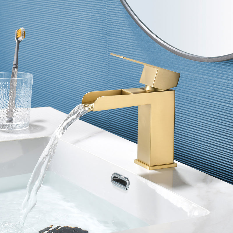 Single Handle Basin Mixer Tap Waterfall 1 Hole SUS304 Vanity Faucet for Bathroom Sink with Overflow Pop Up Drain Stopper