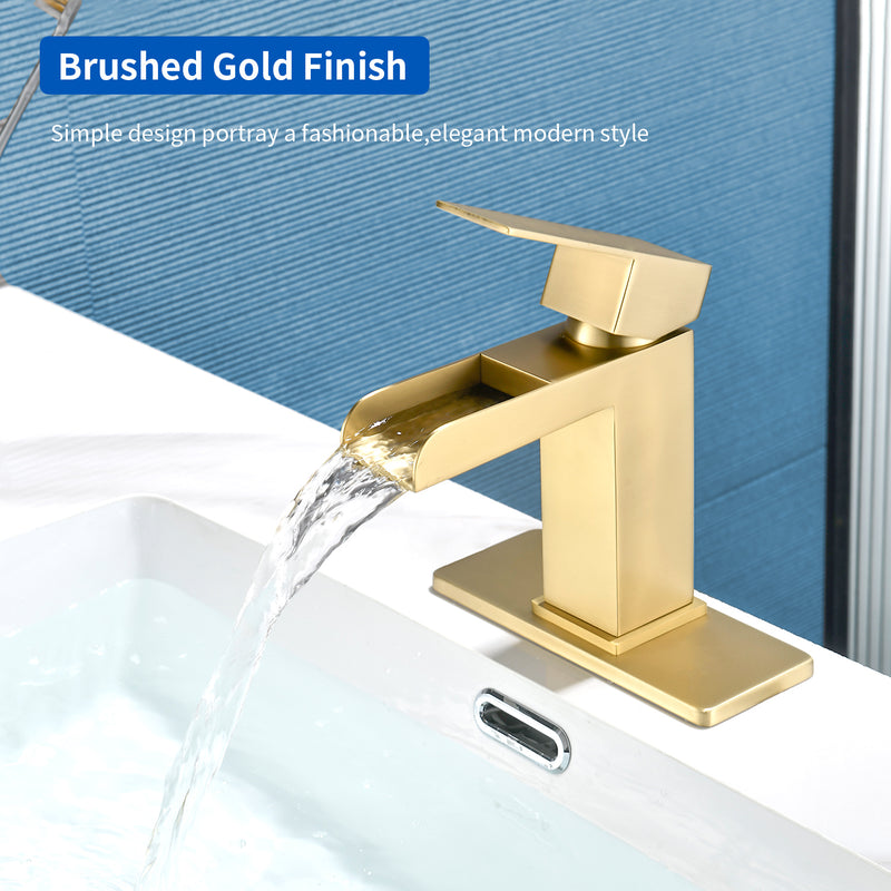 Single Handle Basin Mixer Tap Waterfall 1 Hole SUS304 Vanity Faucet for Bathroom Sink with Overflow Pop Up Drain Stopper