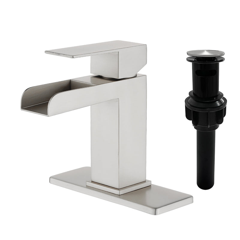 Single Handle Basin Mixer Tap Waterfall 1 Hole SUS304 Vanity Faucet for Bathroom Sink with Overflow Pop Up Drain Stopper