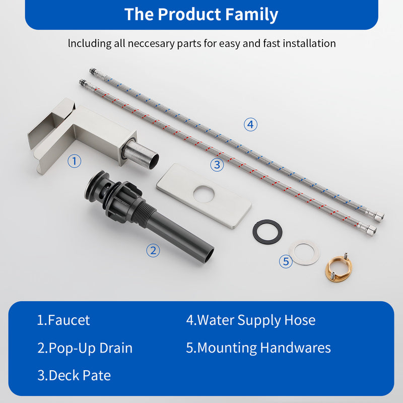 Single Handle Basin Mixer Tap Waterfall 1 Hole SUS304 Vanity Faucet for Bathroom Sink with Overflow Pop Up Drain Stopper