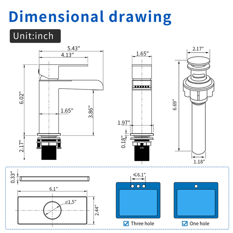Single Handle Basin Mixer Tap Waterfall 1 Hole SUS304 Vanity Faucet for Bathroom Sink with Overflow Pop Up Drain Stopper
