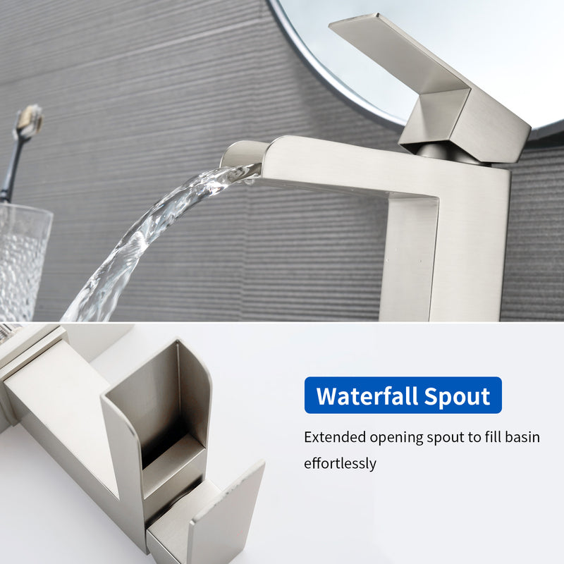 Single Handle Basin Mixer Tap Waterfall 1 Hole SUS304 Vanity Faucet for Bathroom Sink with Overflow Pop Up Drain Stopper