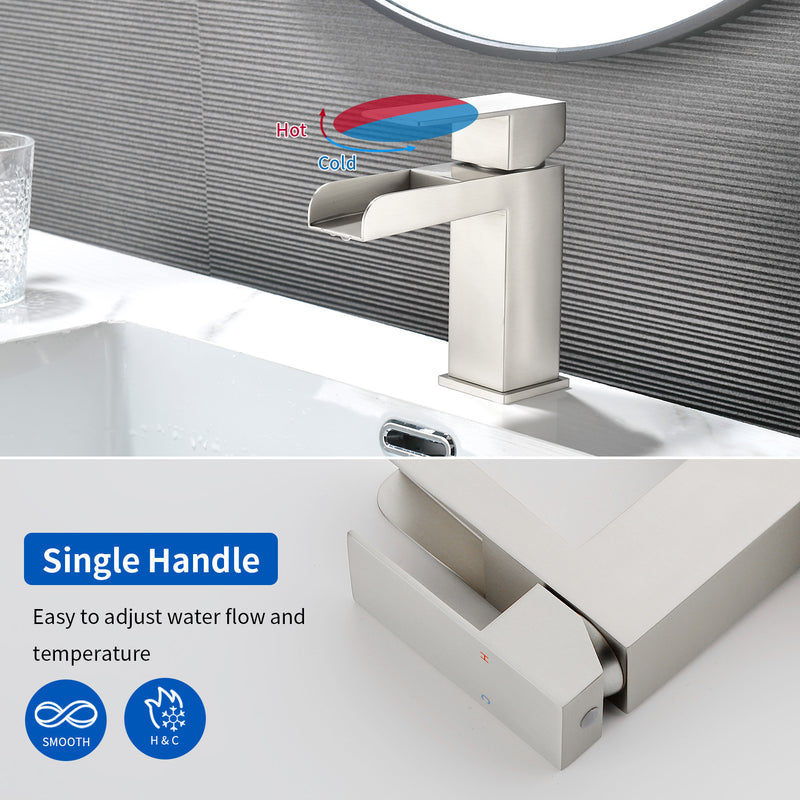 Single Handle Basin Mixer Tap Waterfall 1 Hole SUS304 Vanity Faucet for Bathroom Sink with Overflow Pop Up Drain Stopper